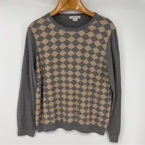 Liz Claiborne Crewneck Gray Tan Argyle Sweater Women's XL Cotton Academia